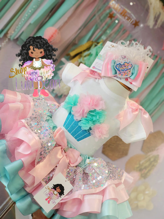 Soft Pastel Birthday Cupcake Tutu Set. Perfect for your little cupcake. Includes tutu, top, Hairbow ruffle socks and Cake topper.